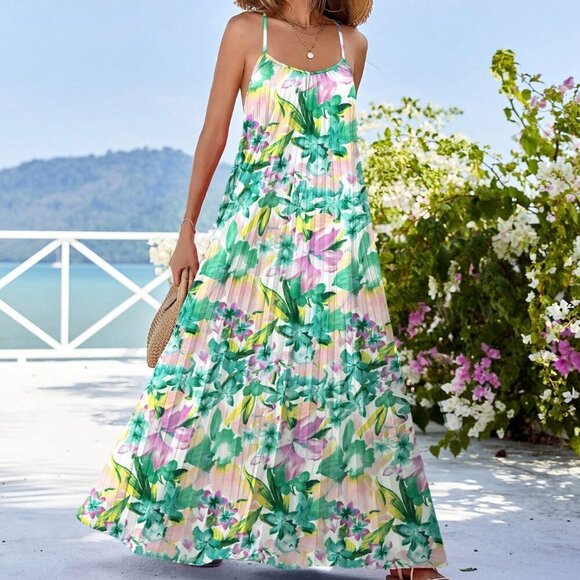 Multicolor Boho Womens A-Line Pleated Romantic Floral Print Sling Backless Dress - Picture 1 of 5